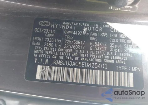 2014 Hyundai Tucson Se from USA, damaged, VIN KM8JU3AG8EU825401